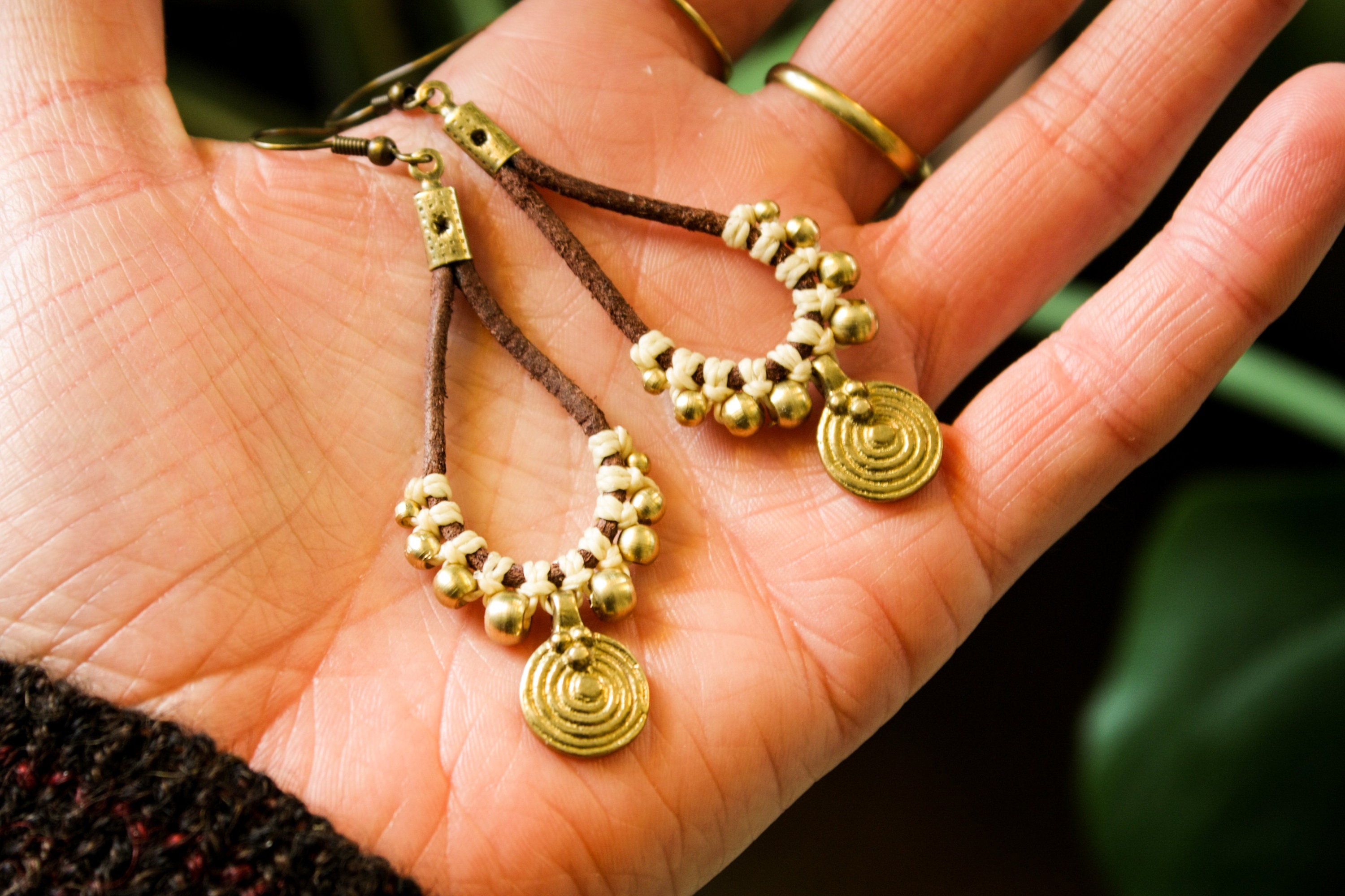 Macrame Earrings Leather Earrings Brass Charm Earrings Etsy