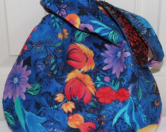 Japanese Knot Bag  bright flowers on a bright blue background