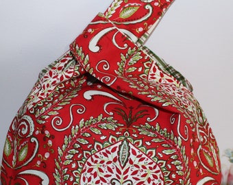 Japanese Knot Bag/Knitting bag    Christmas Paisley Print