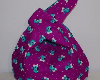 Japanese Knot Bag/KnittingBag  Turquoise flowers on a violet print