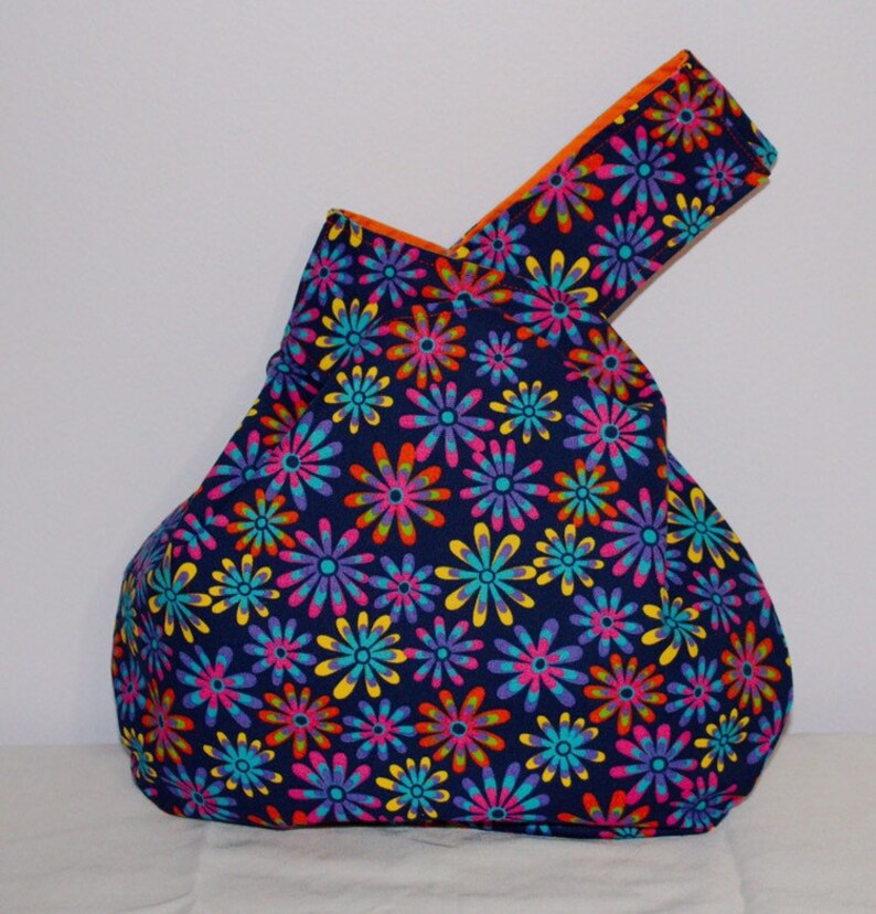 Japanese Knot BagKnitting Bag Neon daises on blue background