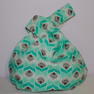 Japanese Knot Bag/Knitting bag  Turquoise and gray print