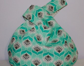 Japanese Knot Bag/Knitting bag  Turquoise and gray print