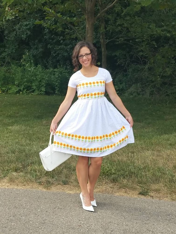 Yellow Daisy Flower Border Print Polka Dot Novelty Dress Day tea Party Dress Pin up swing fit and Flair sun Dress Etsy