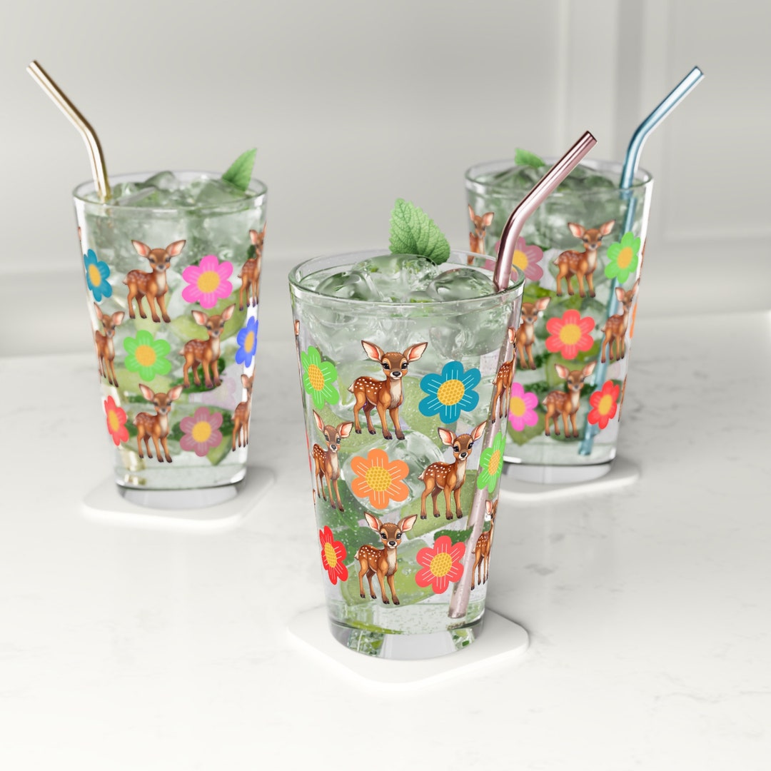 Flower Power Kitschy Deer Kitchen Glasses Pint Glass 16 Oz Drink and