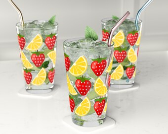 Mid century modern  lemon and strawberry kitchen drinkware barware juice tumblers cocktail beer Pint Glass, 16oz