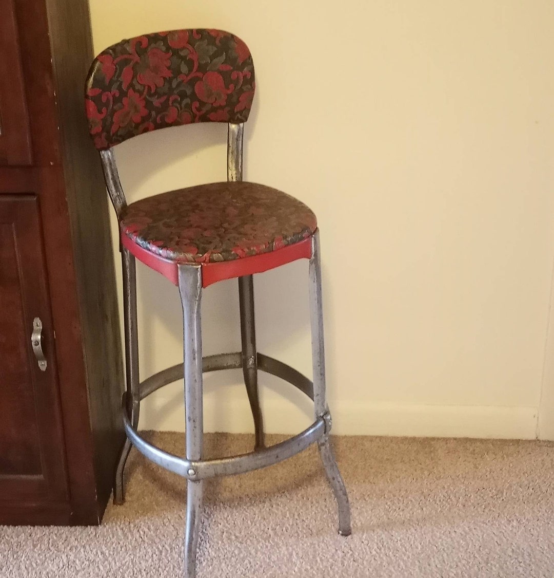 Mid Century Rustic Farmhouse Red Chrome Kitchen Chair Step Stool