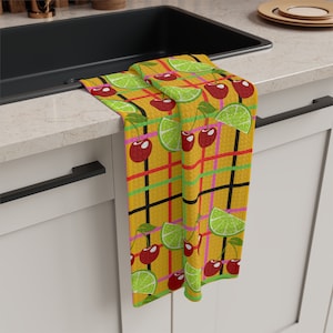 Fruit tea towel Cherry tea towel lemon tea towel red/green kitchen tea towels shabby chic kitchen decor yellow red green