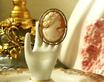 Edwardian 14k white gold filligree carved shell sardonyox cameo brooch free shipping U.S only