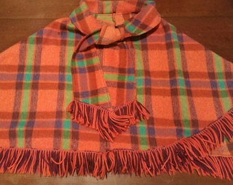 Vintage 70s Wool Plaid Poncho Cape with Attached Scarf & Fringe