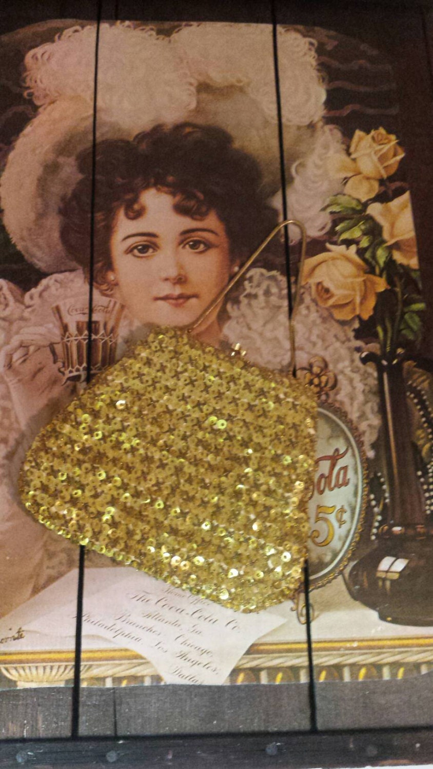 Pochette De Soirée Vintage Années 50 à Sequins Dorés - Fermeture Pression, Anse Perles, Occasion