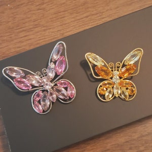 Silverstone pink and purple amethyst rhinestone Julianna butterfly brooch silvertone and yellow citrine Julianna goldtone set image 10