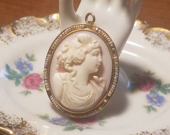 Victorian Angel Skin Cameo Brooch Pendant: 10k Gold & Seed Pearl