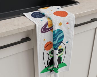 Alien Spaceship Mid Mod Black CAT Planets Microfiber Tea Towel | Space Age UFO Planet Pattern colorful