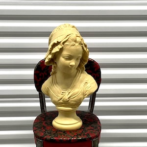 Alabaster composition French pheasant girl bust artist signed entitled “Young Girl in a Bonnet” late 19th century