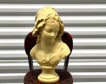 Alabaster composition French pheasant girl bust artist signed entitled “Young Girl in a Bonnet” late 19th century