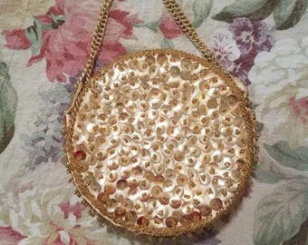 60s Disco Sequin Beaded Evening Bag: Round Gold Party Purse