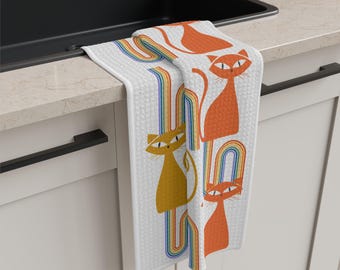 Atomic Cat Rainbow Microfiber Tea Towel | Mid-Century Modern Retro Kitchen