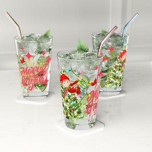 Mid-Century Pixie Elf Christmas Pint Glass, 16oz | Vintage Tree & Lights