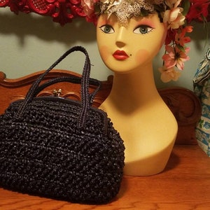 Designer Babette vintage mod Navy blue raffia top handle handbags kelly handbag 50s/60s pin up style