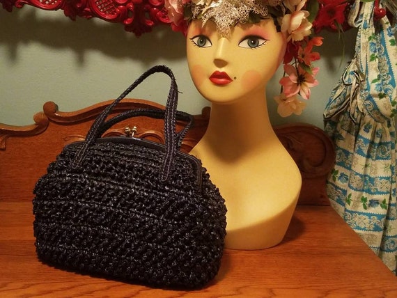 Designer Babette Navy blue straw kelly handbag 50s