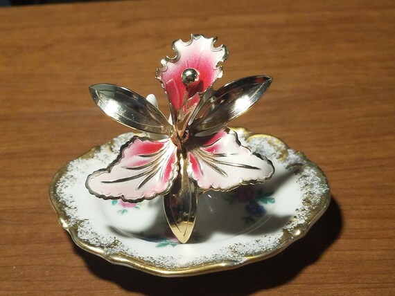 Gold and pink enamel tiger lily brooch orchid bro… - image 2