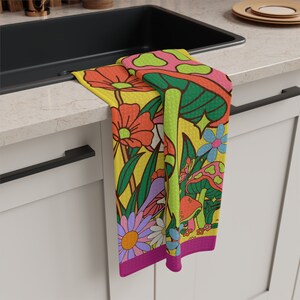 Colorful floral mushroom tea towels pink/yellow/green tea towels  mushroom towels flower kitchen towels hand towels guest bath towels