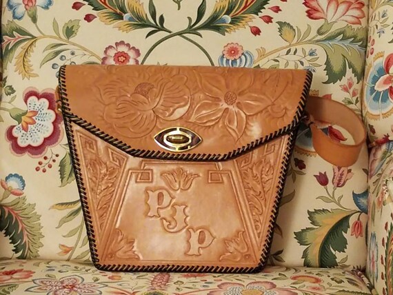 60s Vintage Tooled Leather Handbag: Floral Monogram, Boho Chic