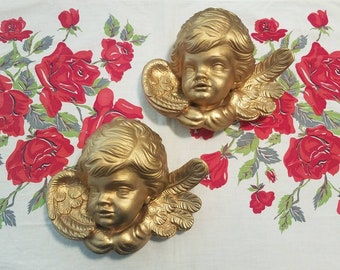 Rare Gilted gold high relief winged putti/cherub wall plaques made in italy free shipping U.S only