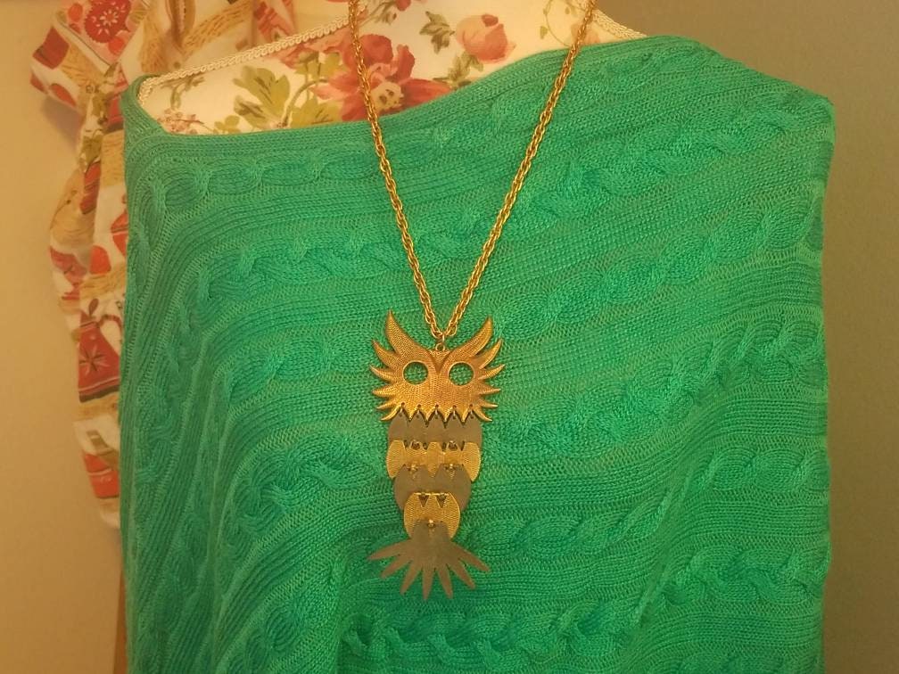Mixed metal copper bronze owl necklace mod boho chic 70s era