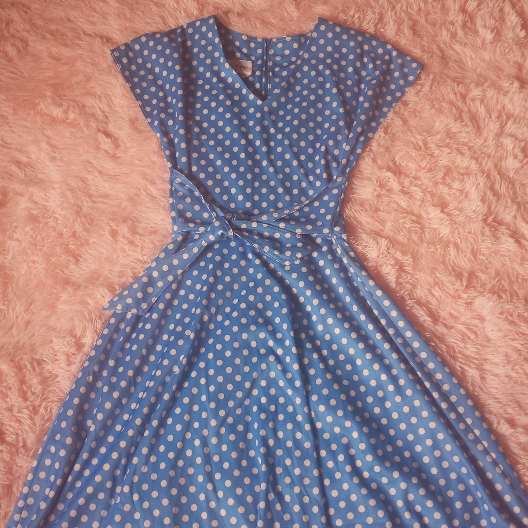 60s Fit and Flair Blue and White Polkadot Mod Dress - Etsy