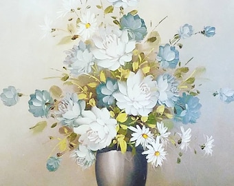 Lovely still life blue rose and daisy oil painting on canvas french country shabby chic wall decor