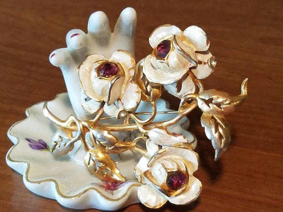 Large art deco goldtone purple amethyst flower br… - image 2