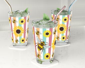 Sunflowers stripe honey bees kitchen glasses Summer drinkware garden party cocktail glassware flower juice tumblers beer Pint glass 16 ounce