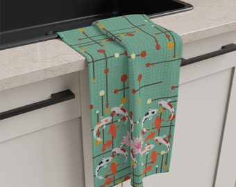 Mid-century Modern Japaner Koi Fisch grün Atomic Soft Geschirrtuch Strandhaus Küche Seehaus Handtücher grün orange pink