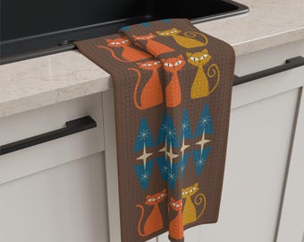 Mid-Century Atomic Cat Kitchen Tea Towel: Brown, Orange & Yellow