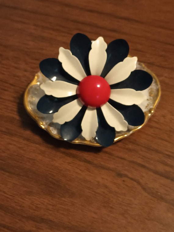 Patriotic red white and blue enamel flower brooch - image 2