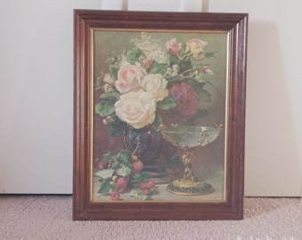 Beautiful Victorian decor cabbage Rose still life lithograph print picture