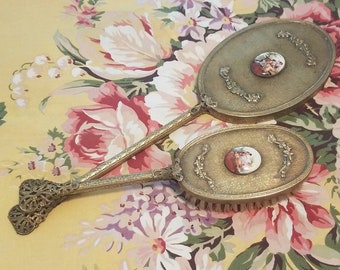 Antique Filigree Vanity Set: Hand-Painted Lovers Scene, Bronze Brush & Mirror
