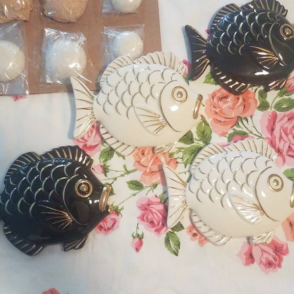 Kitschy Mid century black, gold and white tropical fish bathroom wall plaques mermaids nautical home beach house living room wall decor