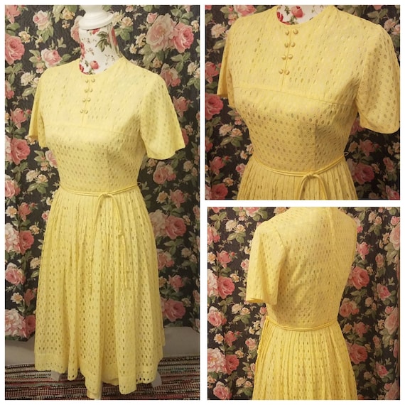 60s mod polyester eyelet yellow fit and flair dres