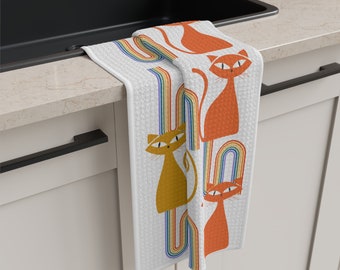 MCM Geschirrtuch bunter Regenbogen Atomic Küchenhandtuch Katze Geschirrtuch 70er Retro Küche Deko orange gelb blau weiß Katzenliebhaber