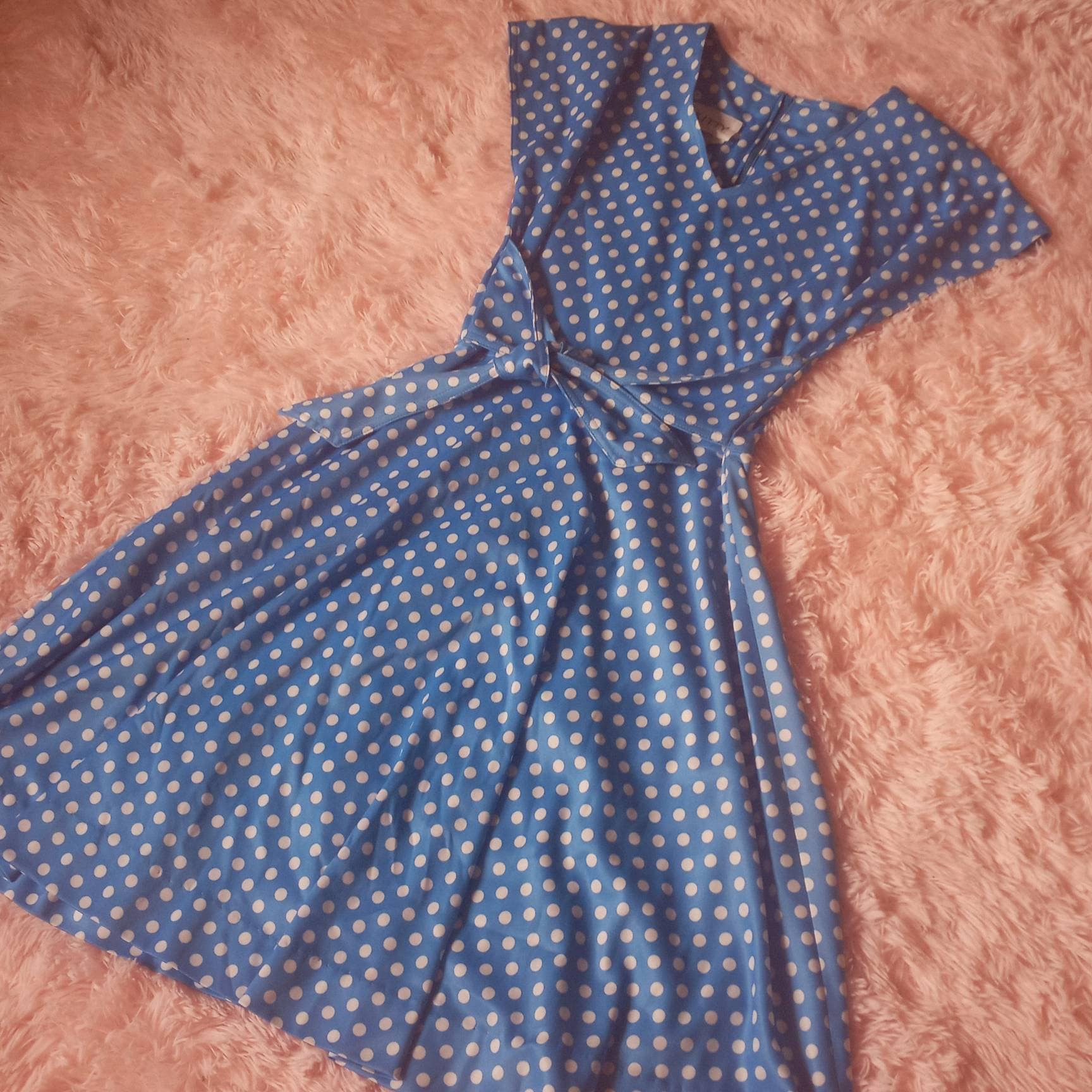 60s fit and flair blue and white polkadot mod dress | Etsy