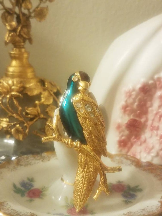 Enamel tropical parrot/bird brooch goldtone rhine… - image 2