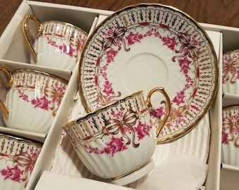 Rare mid century imperial porcelain 24k pink floral tea cups and saucers tea party supplies tea lovers gifts Milano italy wedding gift ideas