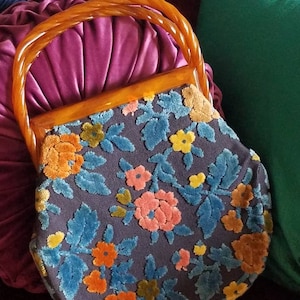Vintage 60s Bobby Jerome Floral Carpetbag Handbag: Carved Lucite Handle