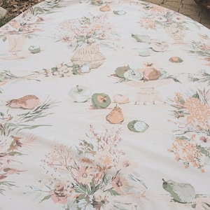 Vintage floral bouquets rose tablecloth peach cream and green kitchen decor