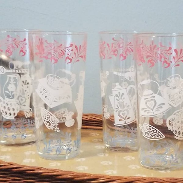 Juego de cristalería Hazel Atlas Pink Heart: MCM Kitchen Drinkware