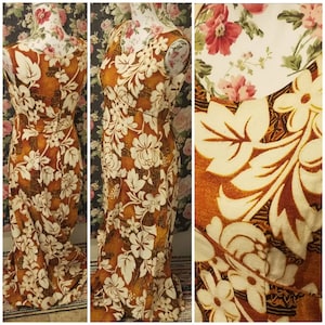 Brown floral Hawaiian maxi fit and flair dress/sundress- boho chic/mod 60/70s era tropical beach vcay modernist