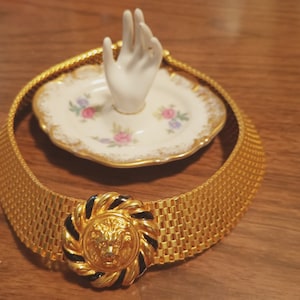 Vintage Anne kline designer goldtone panther 9 link chain black enamel lion head choker/necklace
